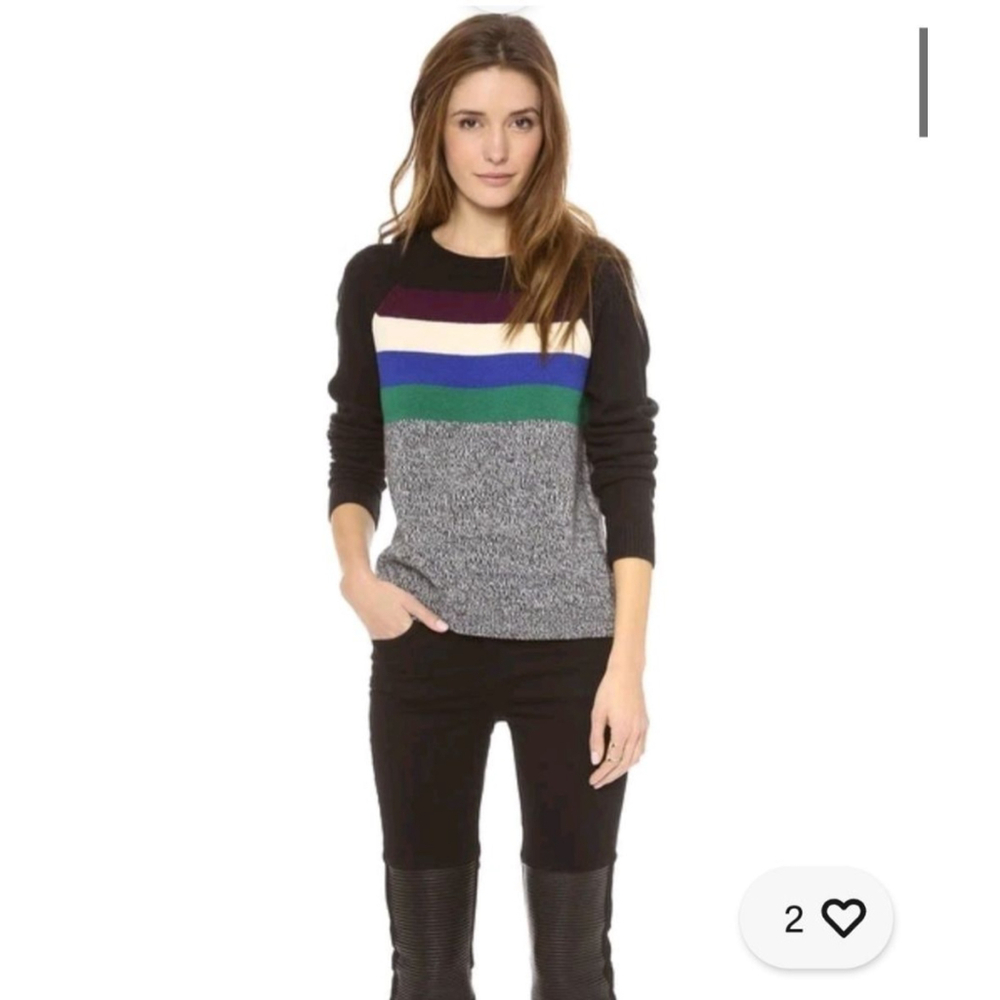 TIBI $295 Stripe Melange Crew Neck‎ Pullover Sweater XS Black Multi-color 274